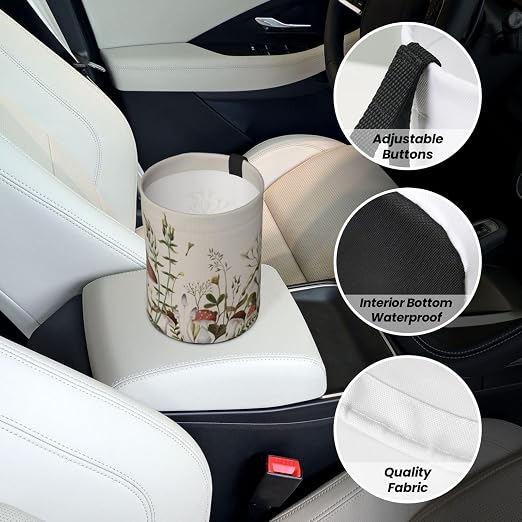 Small Car Trash Can, Mushroom Plants Design Hanging Foldable Car Trash Bag, Waterproof Leakproof Garbage Bin, Car Interior Organizer Accessories