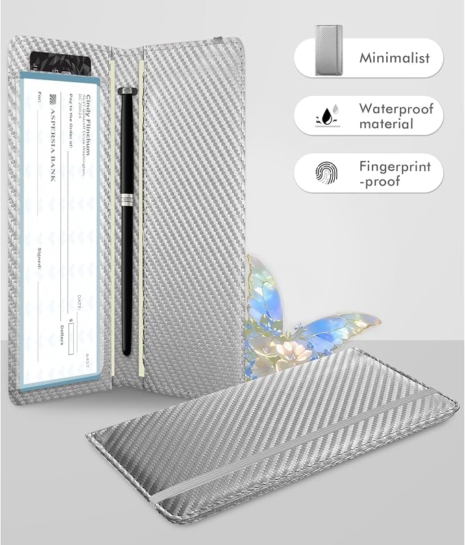 Checkbook Cover for Men Women, Premium Leather Checkbook Holder with RFID Blocking and Built in Clear Plastic Divider for Personal and Business Checks (Grey Carbon)