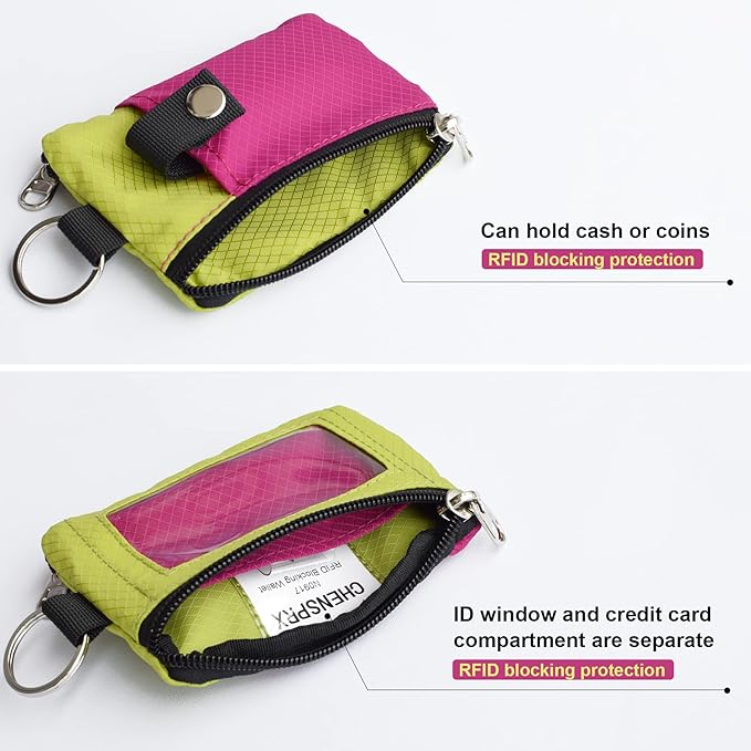 CHENSPRX Minimalist RFID Blocking Small Wallet with ID Window,WaterResistant Zip Id Case Wallet with Lanyard Keychain for Cards,Cash,Travel,Women,Men