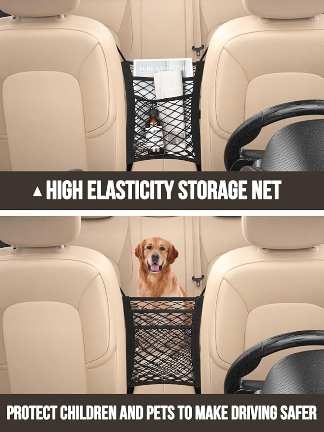 New Fi Backseat Car Organizer(20 Storage Pockets),Come with Free 1 Seat Net and 2 Headrest Hook, Touch Screen Tablet Holder, Divider for Driving Safely Children & Pets…, Car Organizer (black)