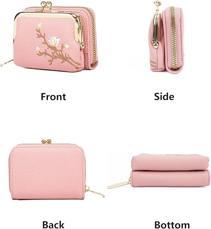 Women's Pebble Leather Wallet, 2-in-1 Zip-Around Credit Card Holder with Kiss Lock Coin Purse, Cute Change Purse with Secure Clasp & Card Slots (Pink, Small)