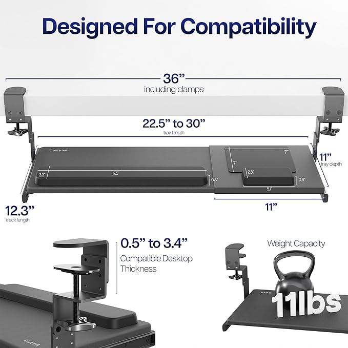 VIVO Large Height and Width Adjustable Under Desk Keyboard Tray, C-clamp Mount System, 22.5” to 30” (28.5” to 36” Including Clamps) x 11 inch Slide-Out Platform for Typing, Black, Mount-KBST1