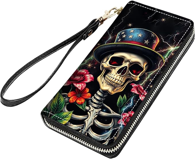 Funny Skull Flower Print Women Large Capacity PU Leather Zip Around Wallet, Multifunctional Clutch Purse for Cash/Card/Coin/Smart Phone