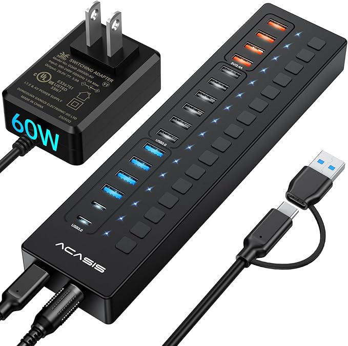 Powered USB 3.0 Hub, ACASIS 16 Port USB Hub Powered(Include 2*USB C 3.0+4 Smart Charging Port) with 60W Power Adapter, Support Wall Mount, USB Hub for PC Laptop, Mac, Printer, Camera