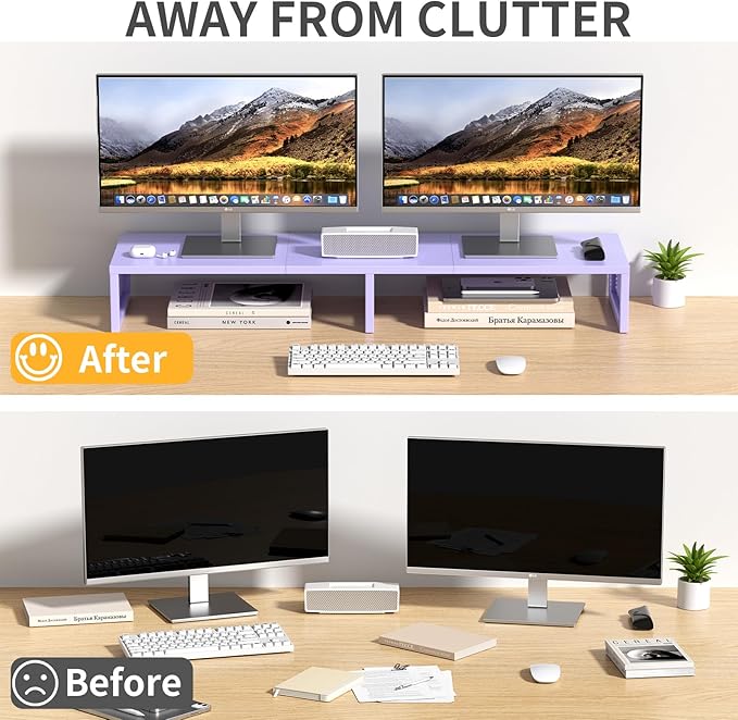 Dual Computer Monitor Stand Riser, Desk Organizers and Accessories, Printer & TV Stand, Desk Shelf, Office Desk Accessories & Desktop Workspace Organizer for Office Supplies, Purple
