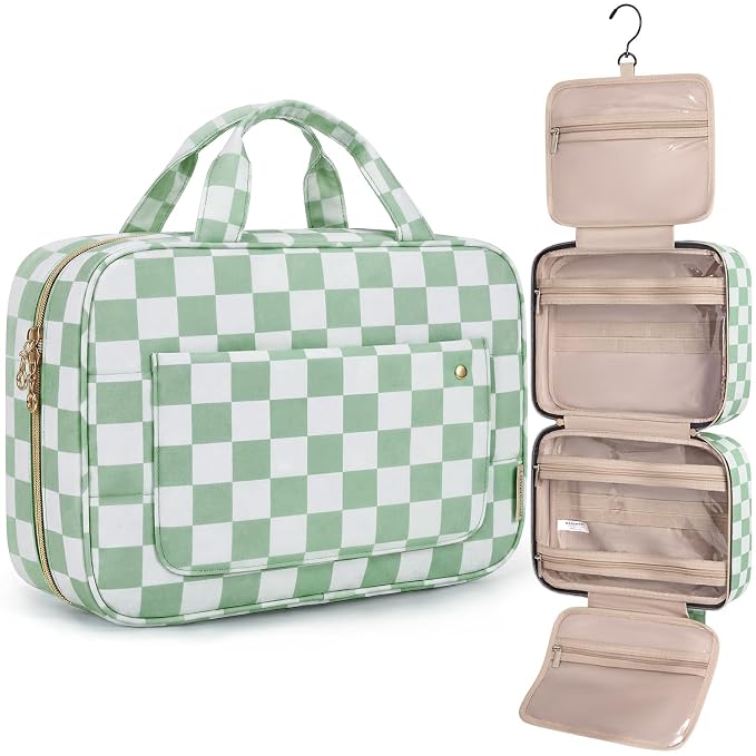 BAGSMART Toiletry Bag Travel Bag with Hanging Hook, Water-resistant Makeup Cosmetic Bag Travel Organizer for Accessories, Shampoo, Full-size Container, Toiletries (Green Checkerboard, Medium)