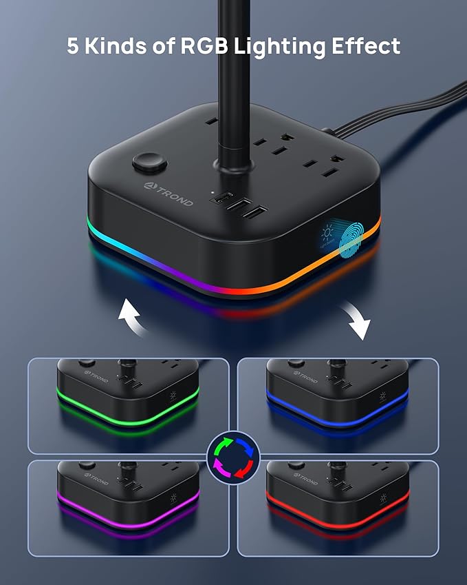 TROND Headphone Stand with USB C, Desk Gaming Headset Holder with 3 AC Outlets, 2 USB-A and 1 USB-C, Headset Stand with 5 RGB Light Modes, for Gaming Desk Accessories Gamer Boyfriend Gifts