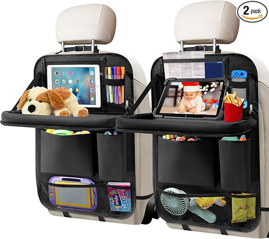 Car Backseat Organizer with Tablet Holder, 6 Storage Pockets Foldable Table Tray Seat Back Protectors Kick Mats Travel Accessories, 2 Pack Black