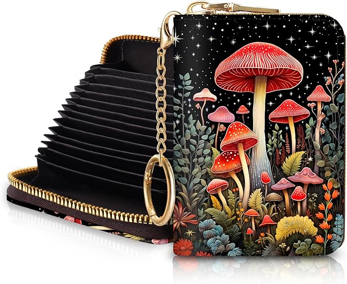 Blusabaca RFID Credit Card Holder Wallets for Women, Small Card Case Wallet with Keychain and Zipper, Mushrooms Leather Card Holder Pocket Business Card Accordion Wallet