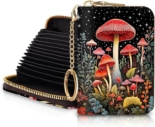 Blusabaca RFID Credit Card Holder Wallets for Women, Small Card Case Wallet with Keychain and Zipper, Mushrooms Leather Card Holder Pocket Business Card Accordion Wallet