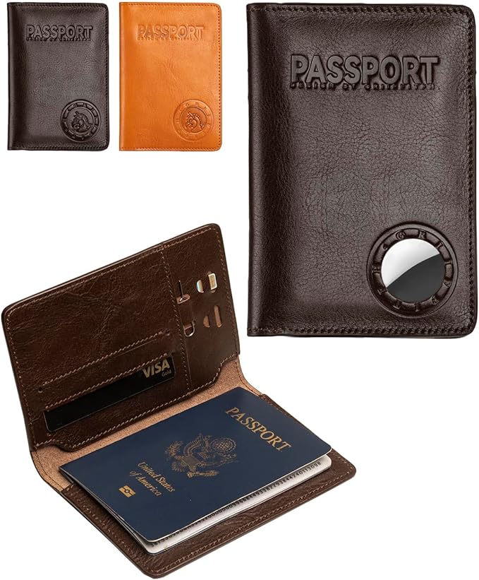 Passport Holder for Travel, Genuine Leather Passport Holder with AirTag Slot, RFID Passport Cover for Airport Essentials, Travel Wallet, Travel Must Haves Gifts