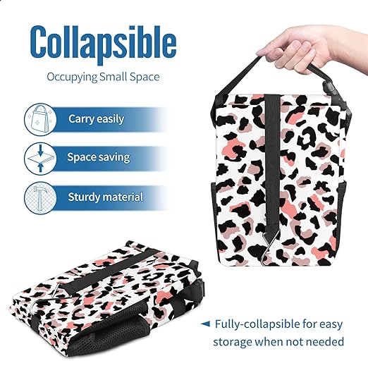 Car Trash Can Leopard Print White Pink Wate-rproof Auto Garbage Bag Car Trash Can with Lid Leak-Proof Car Storage Bag Hanging for Headrest Collapsible and Portable with Storage Mesh Pocket
