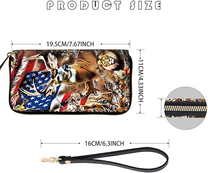 Women's RFID Blocking Zip Around Wallet with Detachable Wrist Strap, Large Capacity Credit Card Holder Organizer for Everyday Use,Deer Tree Forest American Flag