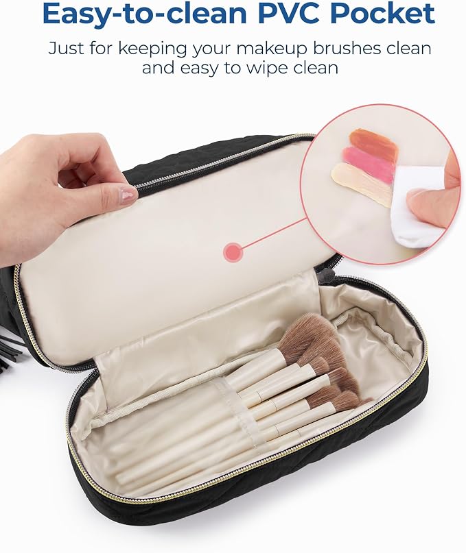 BAGSMART Makeup Bag Travel Cosmetic Bag,Puffy Make Up Bags for Women Double Layer Makeup Organizer Case,Wide-open Puffer Pouch for Purse Storage Travel Essentials Toiletries Accessories Brushes, Black