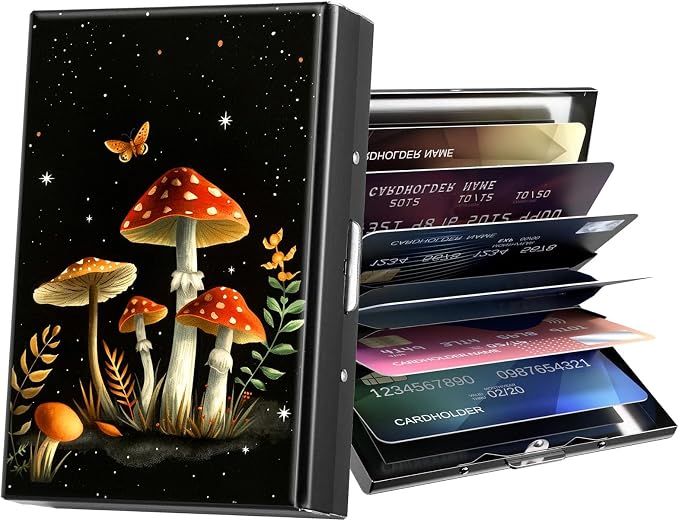 Metal Wallet,Credit Card Holder for Women Men,RFID Blocking Card Holder Wallet Mini Slim Aluminum Wallet ID Case Hard Card Case Business Card Holder Case,Cute Red Mushroom