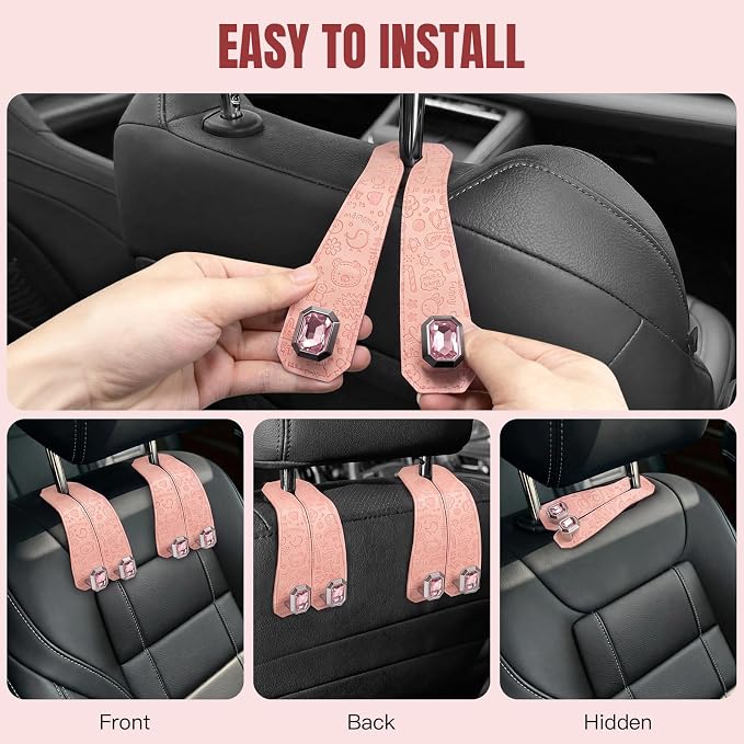2PCS Car Hooks for Headrest, Faux Leather Purse Hook for Car Seat Back Organizers and Storage, Double Metal Purse Holder Bag Hanger, Universal Car Interior Accessories for Women Man
