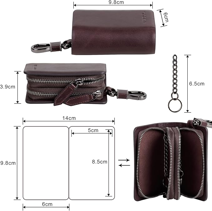VISOUL Car Key Case Holder Double Zipper, Leather Car Smart Key Fob Case with Keychain for Men and Women