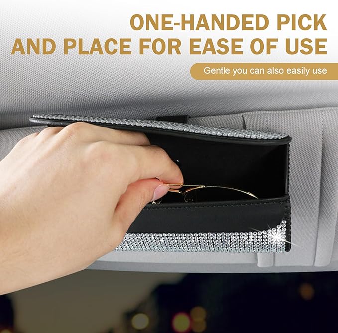 Bling Sunglasses Holder for Car Sun Visor, Rhinestone Auto Eyeglasses Mount Clip Organizer, Leather Sunvisor Sunglasses Storage Case, Universal Glasses Holder Clips for SUV, Sedan, Van (White)