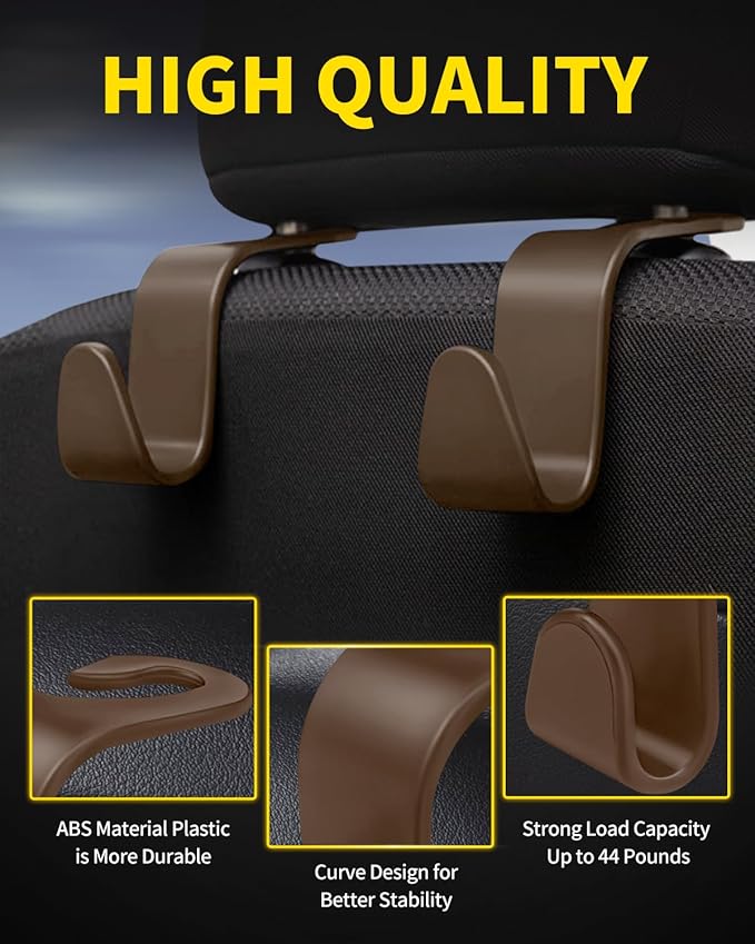 8 Pack Car Seat Headrest Hooks with 44 Pounds Load Capacity, Hangers Storage Organizer Universal Car Interior Accessories for Handbags Water Bottles Purse Coats Umbrellas, Khaki