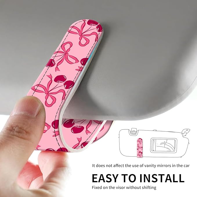Leather Magnetic Sunglass Holder for Car Sun Visor, Cute Eyeglass Ticket Card Hanger Clip, Universal Auto Interior Accessories for SUV Pickup Truck Pink Bow