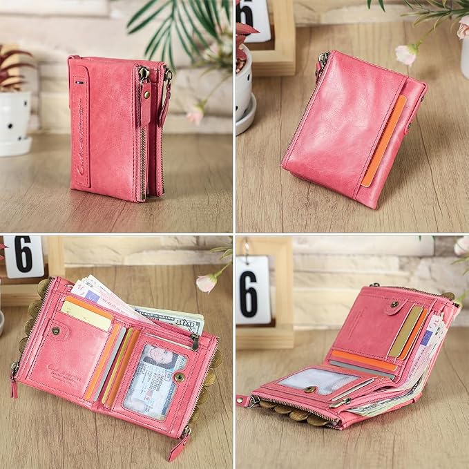 CONTACTS Soft Leather Wallet for Women Small Bifold Coin Purse Double Zipper Card Holder with RFID Blocking (Watermelon Red)