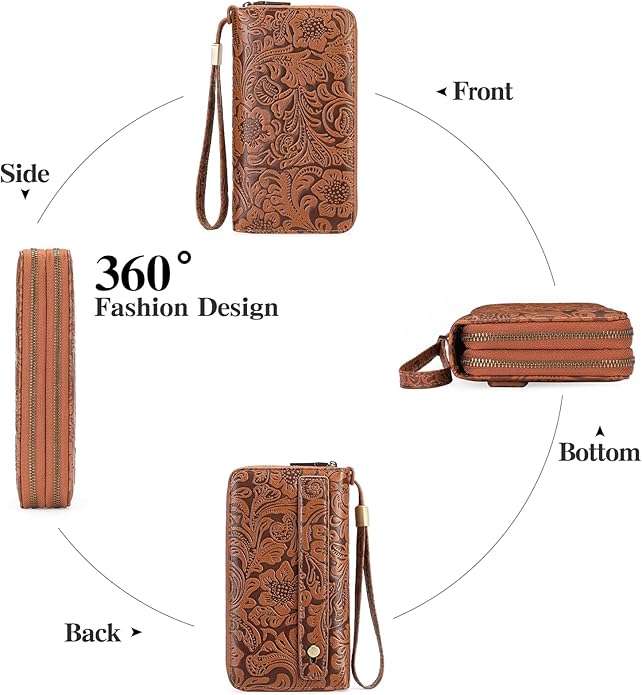 GOIACII Women's Wallet Wristlet Ladies Phone Purse RFID Blocking Large Card Holder Double Zip Grip Strap Vegan Leather
