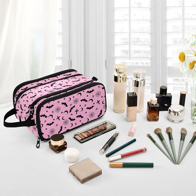 MNSRUU Travel Makeup Bag,Pink Goth with Bats Makeup Bag Large Capacity Portable Travel Toiletries Bag for Travel Size Cosmetic Bag Organizer, Women Toiletry Makeup Bag Organizer