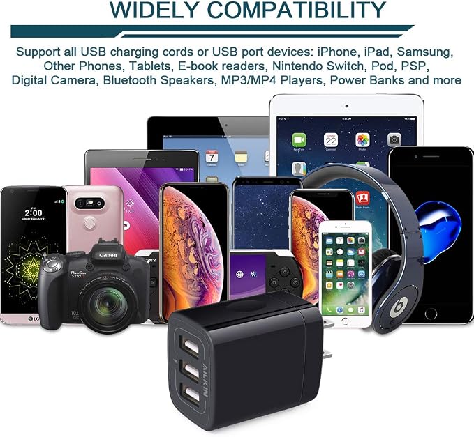 Wall Charger Plug, USB Charger Cube, AILKIN 3.1A 3-Muti Port USB Adapter | Power Plug Charging Station Box Black Base for iPhone 17 16 15 14 13 12 11 Pro Max/SE, Samsung Galaxy Phones Charge Block
