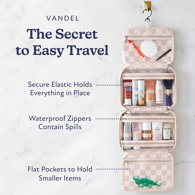VANDEL Waterproof Hanging Toiletry Bag [TSA-Approved] Hanging Makeup Organizer Bag, Cosmetic Travel Bags for Women, Makeup Case Toiletries Organizer Hygiene Bathroom Shower Caddy - Neutral Checker