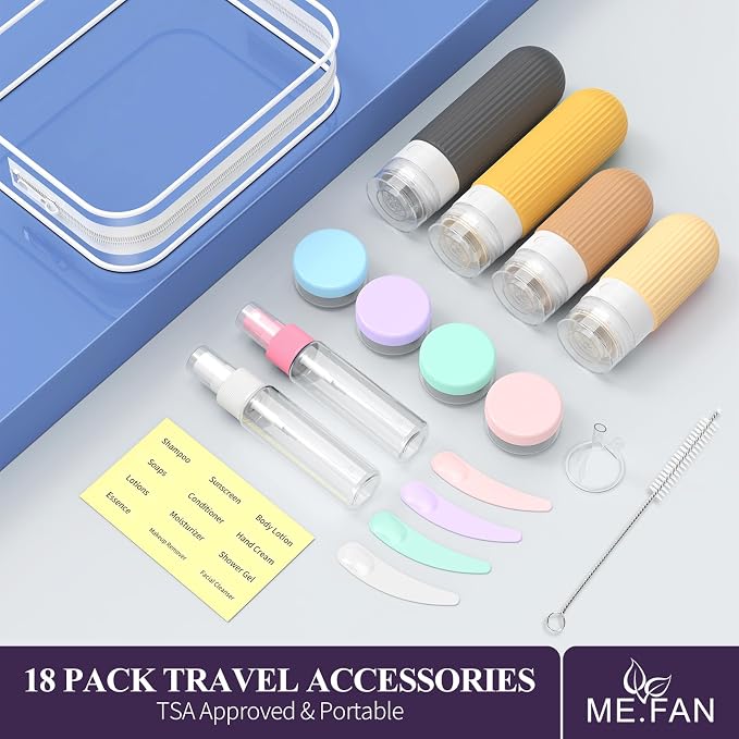 ME.FAN Travel Bottles for Toiletries,18 Pack Silicone Portable Size Bottle, TSA Approved Refillable Cosmetic Container Kits for Conditioner, Shampoo, Lotion,Face Cream - Yellow