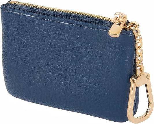 Full Grain Leather Coin Purse with Key Chain - Small Change Purse Keychain Card Holder Keychain Pouch Small Keychain Wallet for Women and Men (Navy Blue), LA-2312