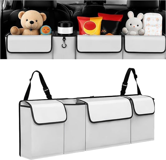 Car Trunk Organizer – Backseat Hanging Large Storage Bag with Adjustable Straps, Waterproof Collapsible Cargo Organizer with 4 Pockets, Space-Saving Trunk Storage for SUV Truck MPV (White)