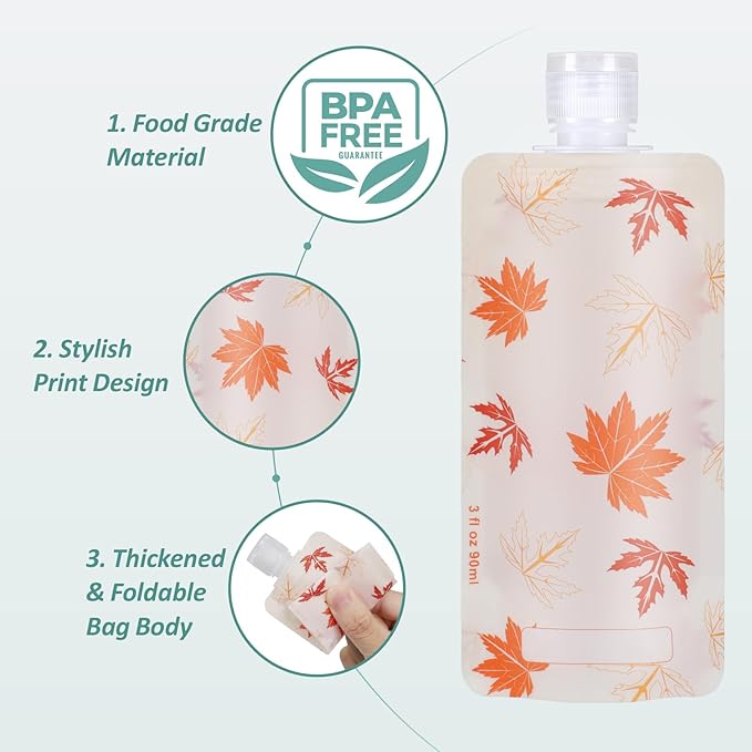 PACKISM 11 Pack Travel Pouches for Toiletries, 3 oz TSA Approved Liquid Containers, Leak Proof Squeeze Bags for Cruise & Camping, Space Saving Refillable Carriers, Active Red Maple Leaf