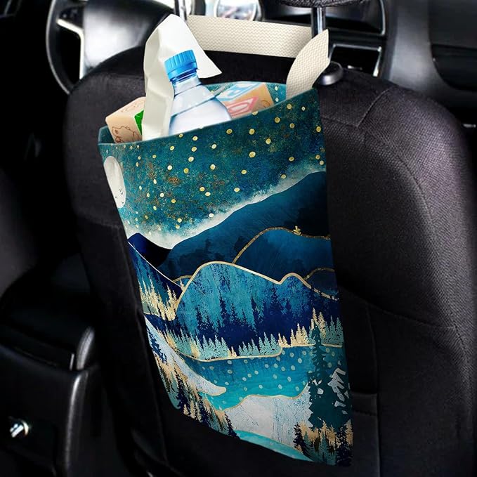 Car Trash Bag Hanging No Snap Small Garbage Bag for Car Back Seat Cute Printed One-handed Strap Trash Bags Car Accessories-Mountain Moon Lake Car Trash Bags