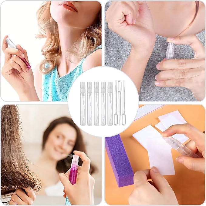 Mini Spray Bottle, 5 Pcs 10ml Perfume Bottle Empty with 3 Pcs Transfer Pipettes, Fine Mist Refillable Perfume Atomizer, Small Empty Sample Containers, Plastic Portable Travel Bottle - Clear