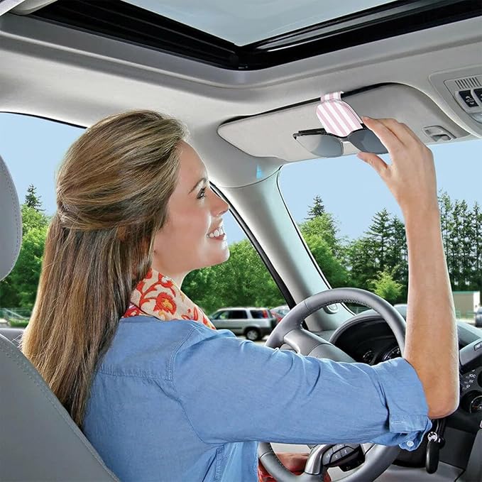 2 Pack Magnetic Leather Sunglass Holder, Universal Magnetic Car Eyeglass Hanger Clip for Different Size Eyeglasses, Car Visor Accessories (Pink Stripes)