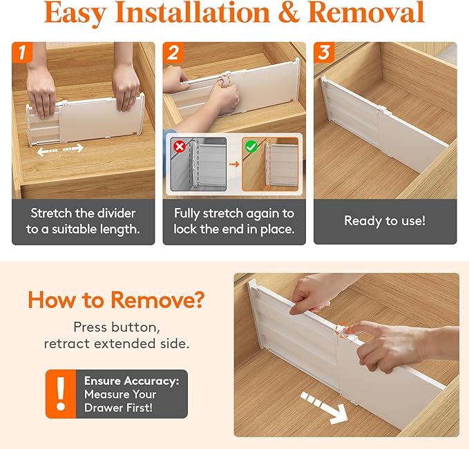 Lifewit 8" Tall 4 Pack Drawer Dividers, 35-56.5cm/13.8-22.2" Expandable Drawer Divider for Clothes, Adjustable Dresser Drawer Organizers, Drawers Separators for Dresser/Bathroom/Closet/Kitchen White