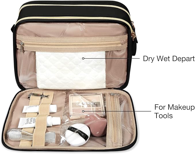 BAGSMART Toiletry Bag for Women, Large Toiletry Bag Water-resistant Makeup Cosmetic Organizer Bag Door Room Essentials for Accessories, Shampoo, Full Sized Container, Toiletries (Medium, Black)