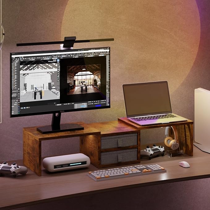 TEAMIX Dual Monitor Stand Riser with 2 Drawers - Length and Angle Adjustable 3 Shelf Monitor Riser with Storage Desk Organizer Large Monitor Stand for 2 Monitors/Laptop/PC,Screen/TV Stand Riser