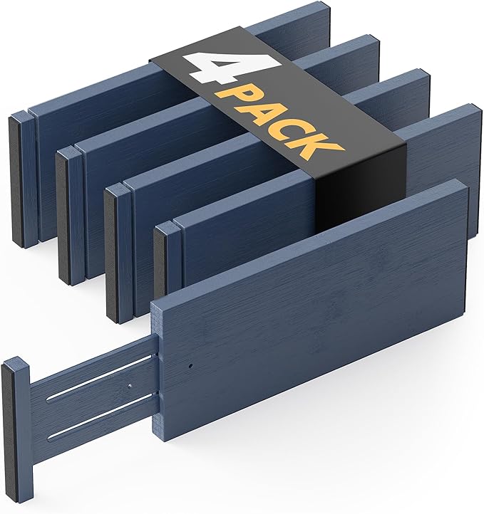 SpaceAid Bamboo 4 Pack Dresser Drawer Dividers, 4.65??High Adjustable 12.5??17??Drawer Organizers, Expandable Organization for Clothing, Clothes, Dressers, Navy Blue