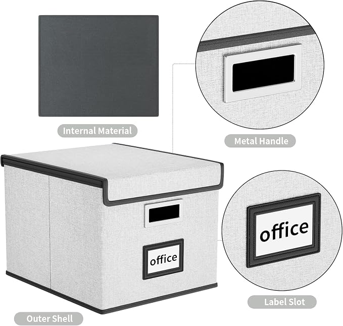 File Organizer Box with Lid, Collapsible File Folder Organizer for Office Document Storage, Filing Box with Plastic Slide for Letter Size Hanging File Folders(1 Pack, White)