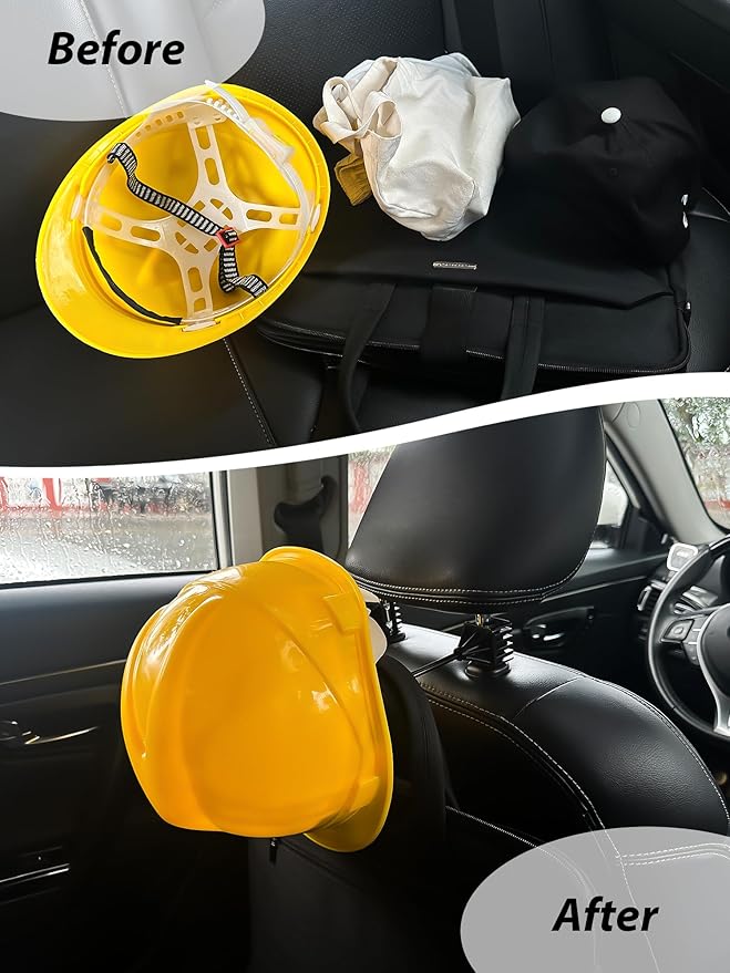 2 Pack Hard Hat Holder for Truck, Heavy Duty Metal Double Hook for Car Seat Headrest, Seat Back Hanger for Safety Helmet Vest Caps Jackets, Work Truck Accessories for Men Women