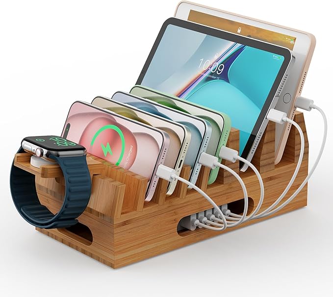 Pezin & Hulin Bamboo Charging Station Organizer for Multiple Devices & Wood Desktop Docking Charging Stand Such As Cell Phone, Tablets, Phone Case and Watch Stand(No USB Charger)