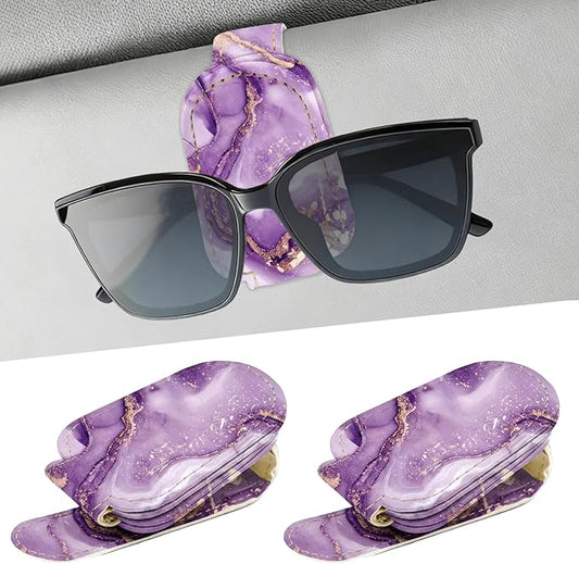 Sunglasses Holder for Car Visor - 2 Packs Purple Magnetic Leather Sunglasses Clip for Car Visor Sunglass Holder Ticket Card Hanger Clips Auto Interior Accessories for Women Men SUV Truck