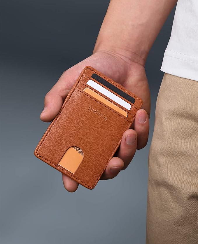 Buffway Mens Slim Wallet, Minimalist Thin Front Pocket Leather Credit Card Holder with RFID Blocking for Work Travel | Minimalist, Thin, Front Pocket, Credit Card Holder, RFID Blocking, for Work Travel