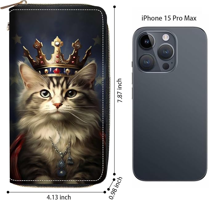 Women's Large Capacity Wallet PU Leather Zip Around Clutch Purse Multifunctional Wallet with Removable Wristlet Strap for Smart Phone/Coin/Card/Cash, Cat Wearing Crown