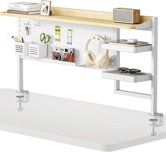 PEGZONE Clamp on Desk Shelf, 44" Desktop Shelving System with Pegboard and Accessories, Desktop Organizer with 2-Tier Shelf, Desk Pegboard for Gaming Office, White