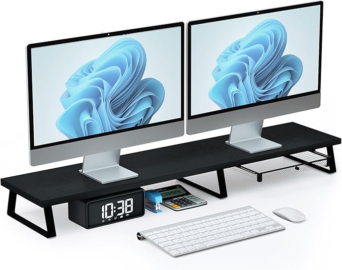 Wood Dual Monitor Stand Riser - Monitor Stand for 2 Monitors, Large Computer Stand For Desk with Metal Legs, Desk Organizers and Storage With Drawer, Desk Shelf for Computer/Laptop/Printer/TV, Black