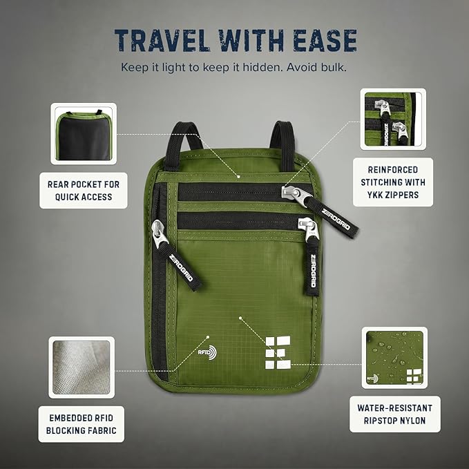 Neck Wallet for Travel & Passport Holder with RFID Blocking - Slim & Easy to Conceal Nylon Travel Pouch for men & women - Holds Phone, Cash, Cards, Keys - Sweat & Water Resistant - Large - Green