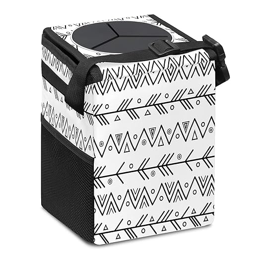 Car Trash Can Black White Geometric Print Auto Garbage Bag Car Trash Can with Lid Leak-Proof Car Storage Bag Garbage Bag Hanging for Headrest Collapsible and Portable with Storage Mesh Pocket